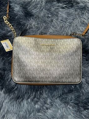 Michael Kors Metallic Silver with Tan Trim Crossbody Bag
